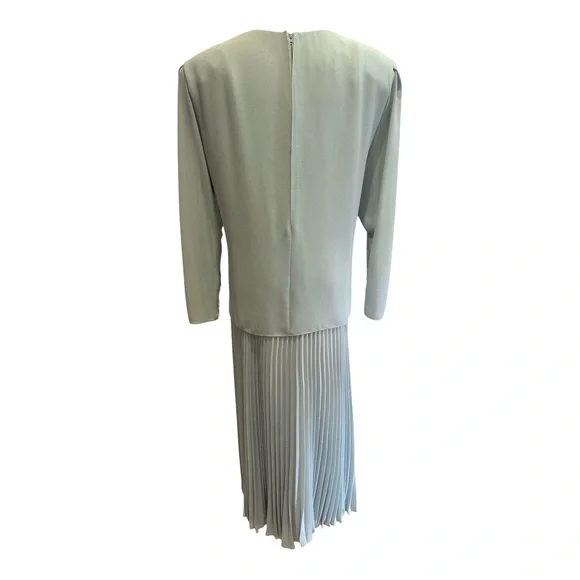 80s URSULA OF SWITZERLAND BLUE CHIFFON & SATIN DRESS W MICRO PLEAT SKIRT SZ 14W - Picture 6 of 7